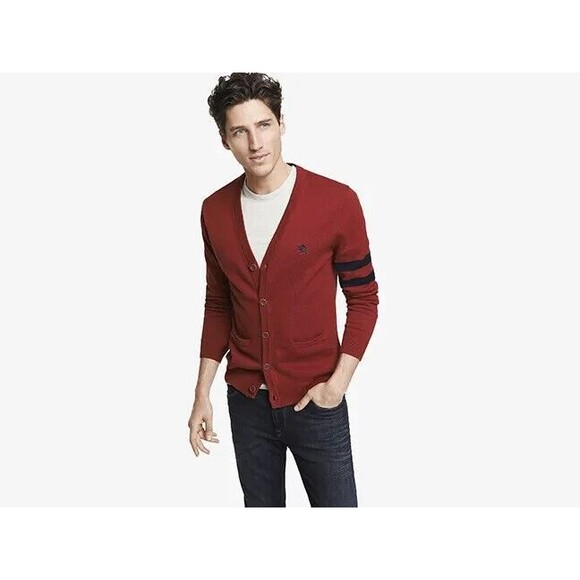 Express Other - Express Mens L Cardigan Grandpa Sweater Academia Varsity Stripe Rugby Logo Red
